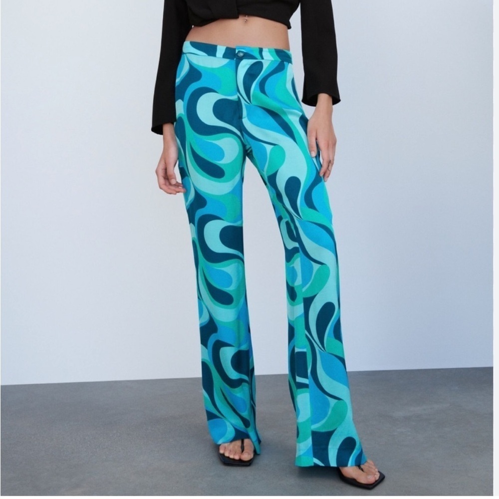 Zara Safia Wavy Satin Flowy Wide Straight Leg High Rise Pants